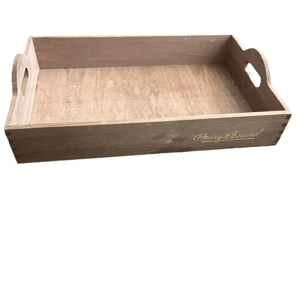 Harry & David Wood Serving Tray Platter Rectangular Dovetail Handles Rustic Farm